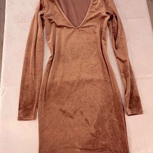 Velvet pumpkin copper long sleeved dress with v neck